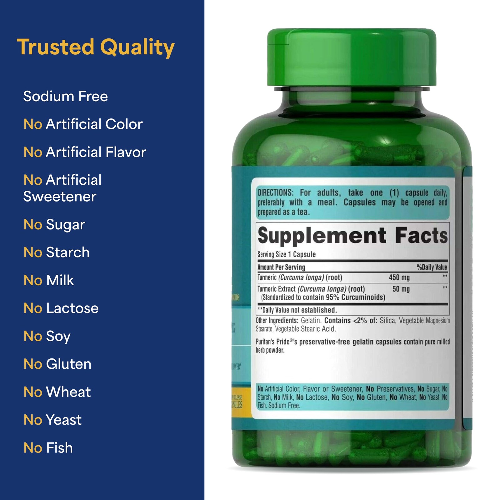 Puritan’s Pride Turmeric Curcumin 500mg, 180 Count (Pack of 1), White