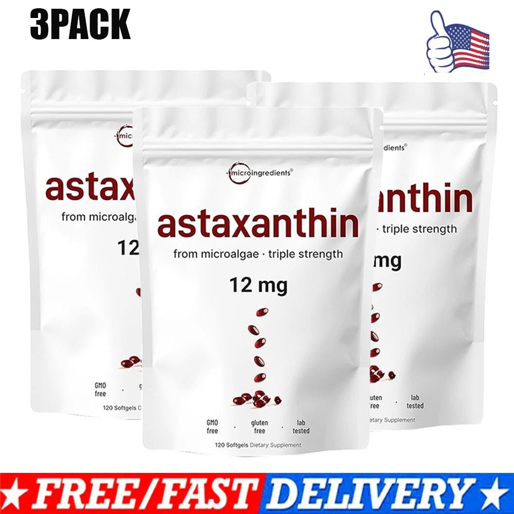3 package Micro Ingredients Astaxanthin 12mg, 120 Softgels, Dietary Supplemen…