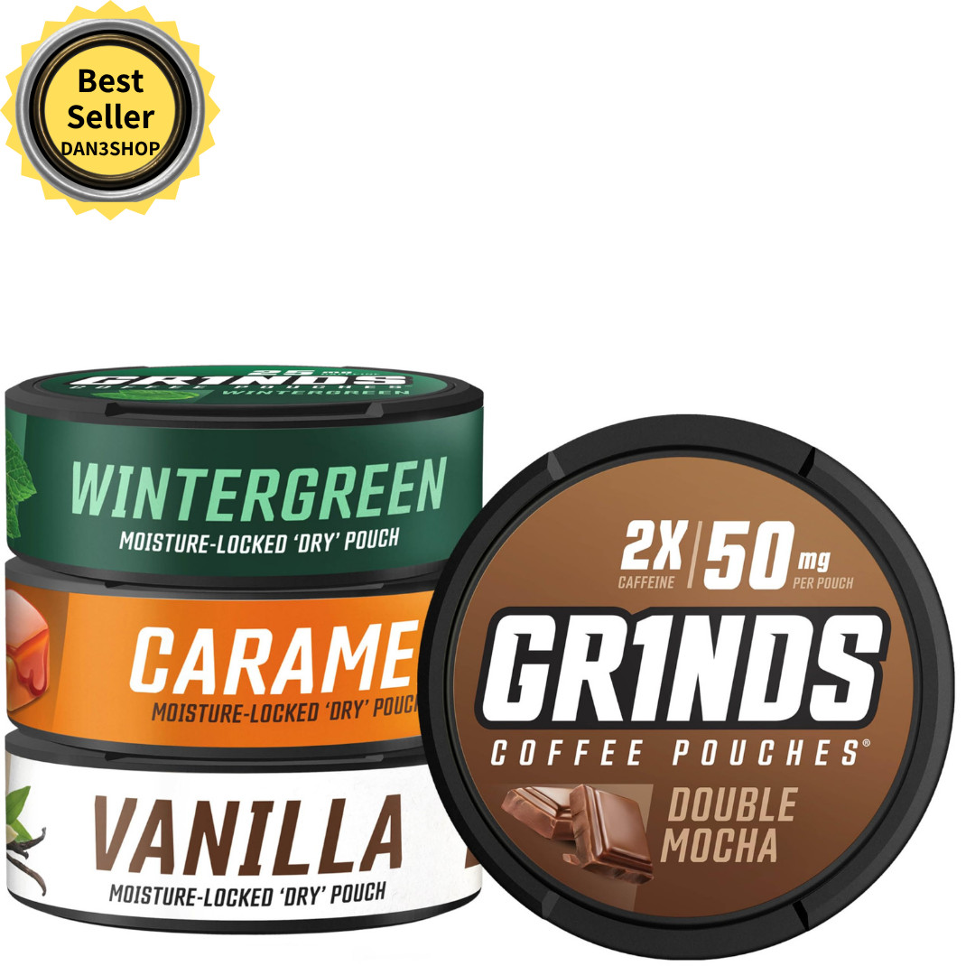 Grinds Coffee Pouches | Top 4 Flavors | Wintergreen, Caramel, Double Mocha……