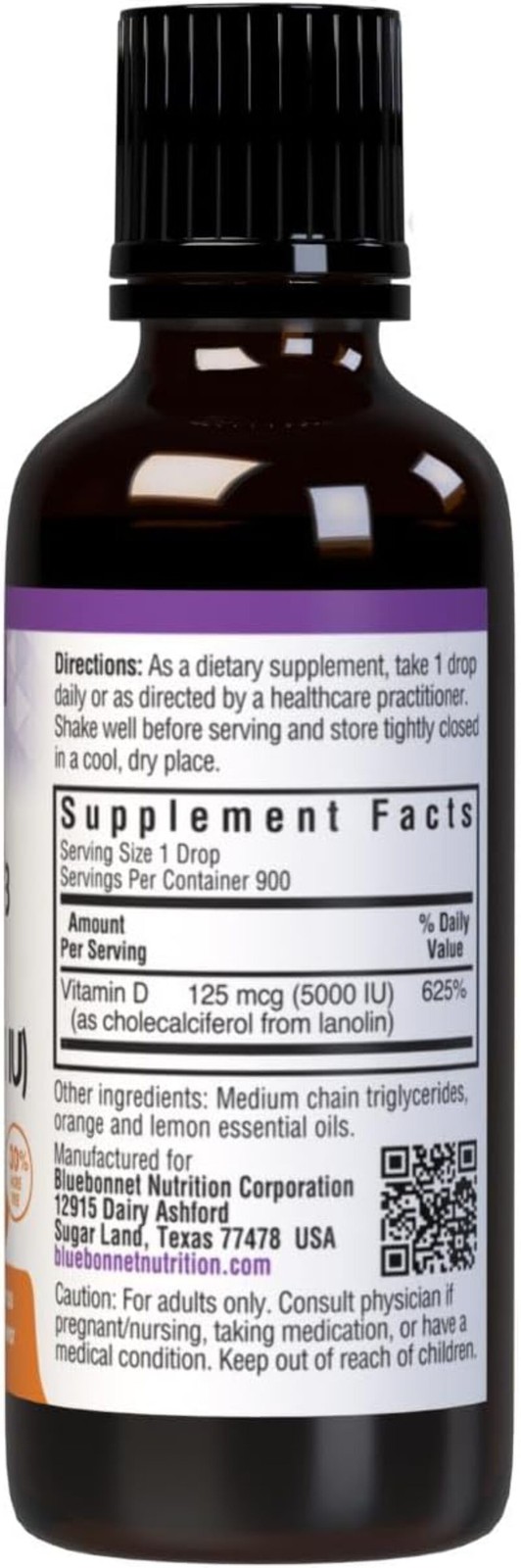 Bluebonnet Nutrition – LIQUID VITAMIN D3 DROPS 5000 IU 1 FL OZ exp 04/27