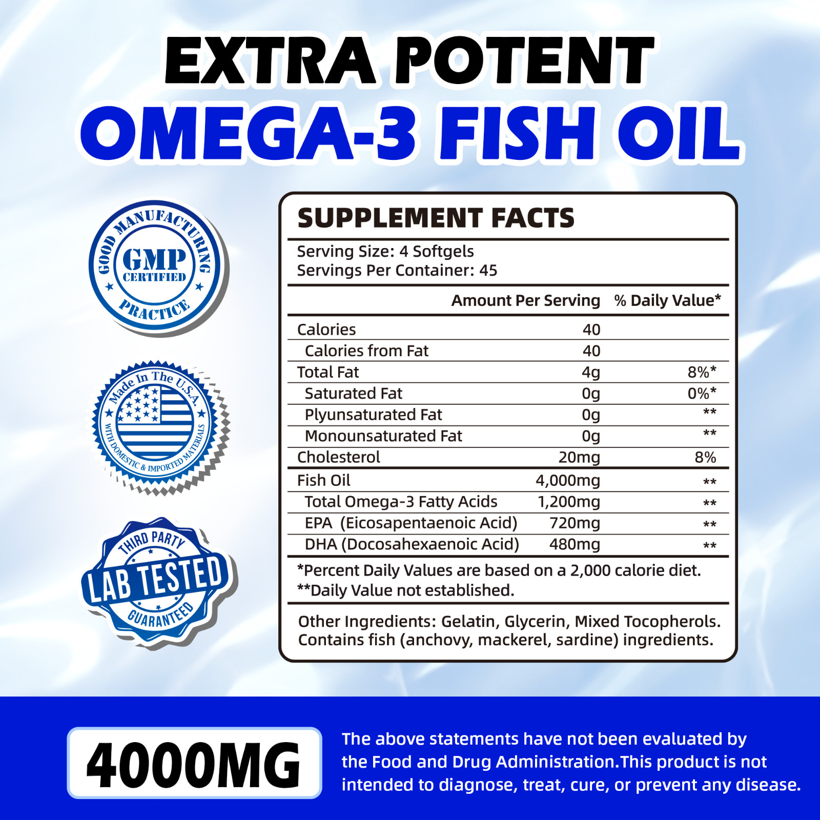 Omega 3 Fish Oil – 4000MG, 180 Softgels (40 Serv) – Non-GMO, Gluten Free