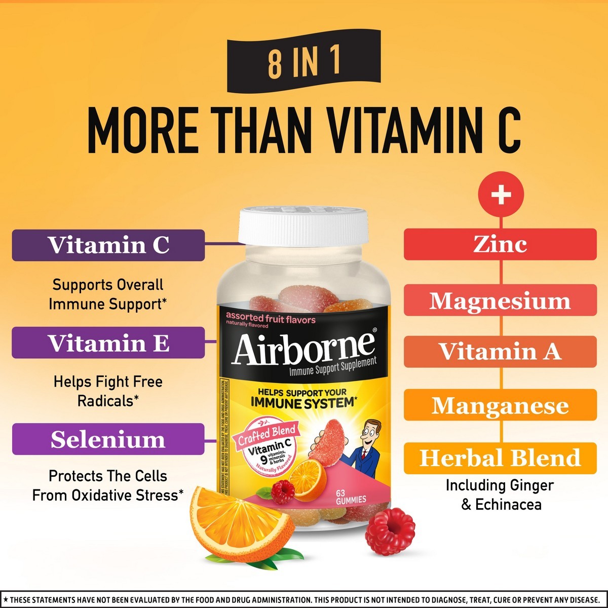 Airborne Immune Support Gummies with Vitamin C & Zinc – Assorted Fruit – 63ct