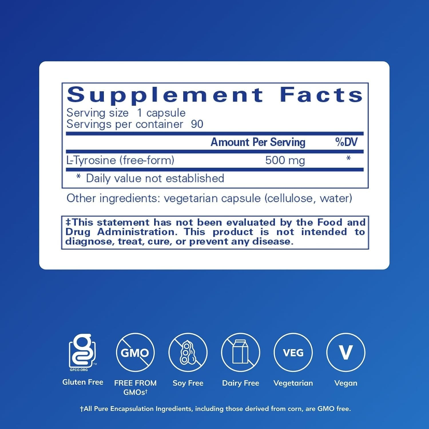 Pure Encapsulations L-Tyrosine 90 Capsules EXP 01/2029