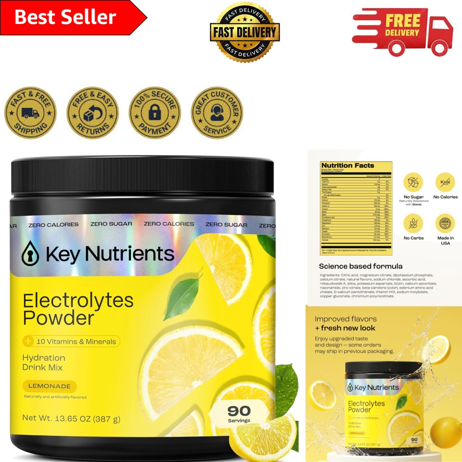 90 Servings of Lemonade Electrolyte Powder – Sugar-Free & Calorie-Free Hydration