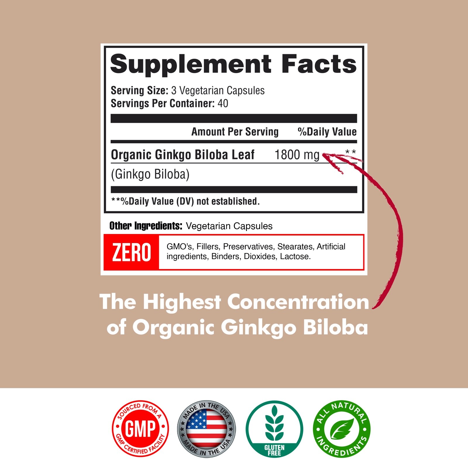 Ginkgo Biloba Organic 1800mg, Memory Support & Brain Function Happi Mi Nutrition
