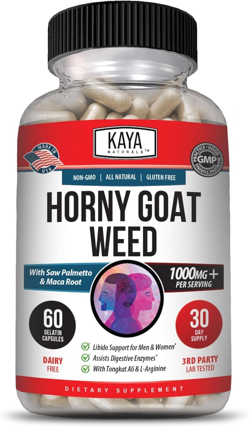 Horney Goat Weed for Men & Women-with Maca, Saw Palmetto, Ginseng, L-Arginine 60