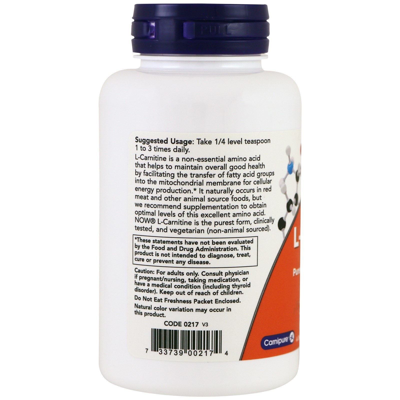 Now Foods L-Carnitine Pure Powder 3 oz 85 g GMP Quality Assured, Vegan,