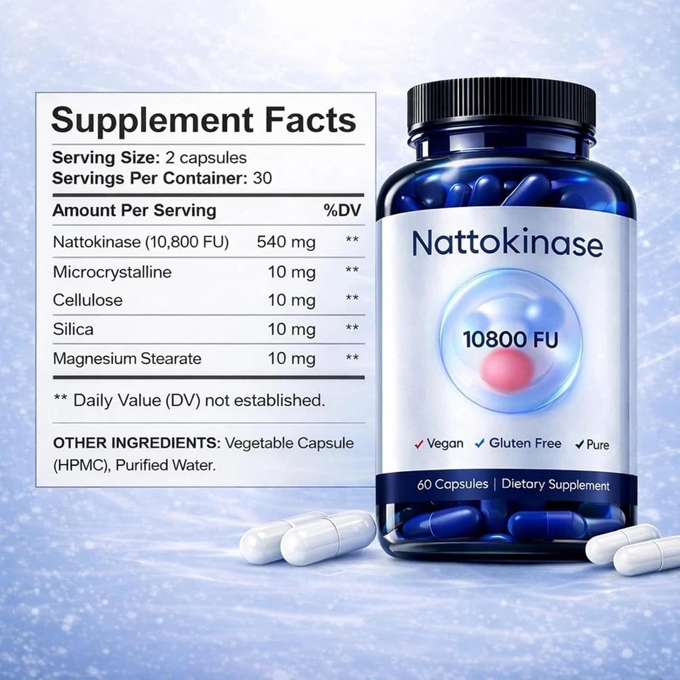 Enhanced Nattokinase 60 FU 10800 Capsules Vegan Gluten Free Heart Support Supple