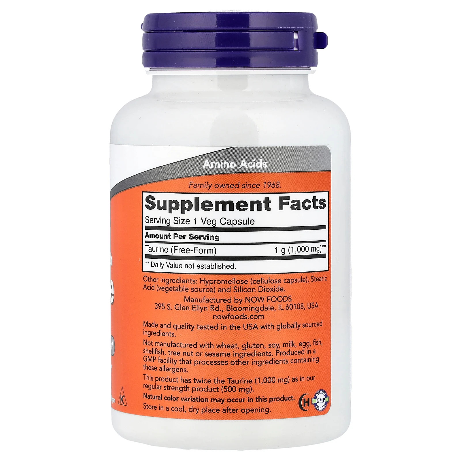 Now Foods Taurine Double Strength 1 000 mg 100 Veg Capsules GMP Quality Assured,