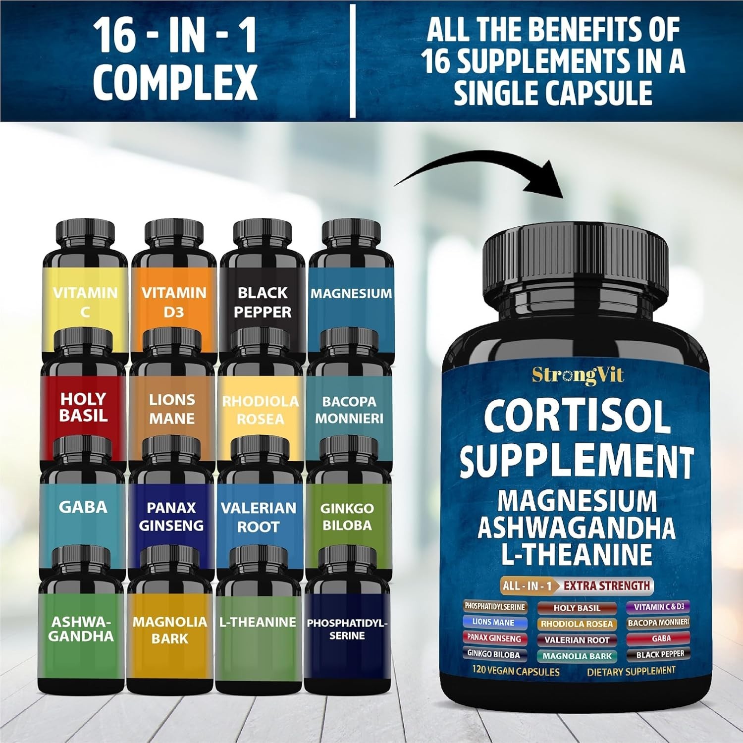 Extra Strength Cortisol Supplements with L-Theanine & Adaptogens – 120 Count