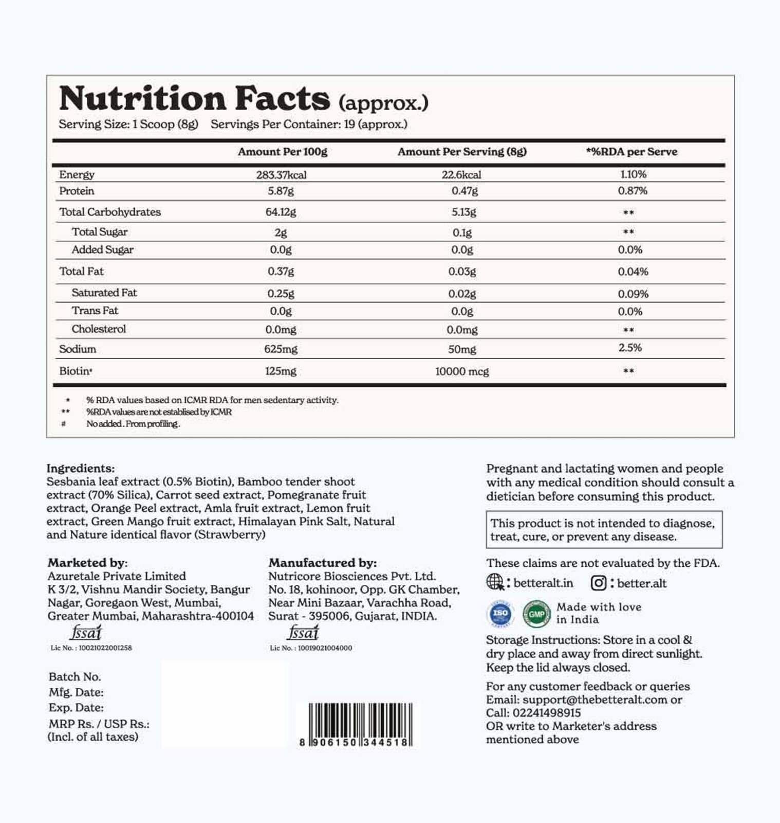BetterAlt Plant Biotin Powder for Stronger Shinier Hair Healthy Skin-Pina Colada