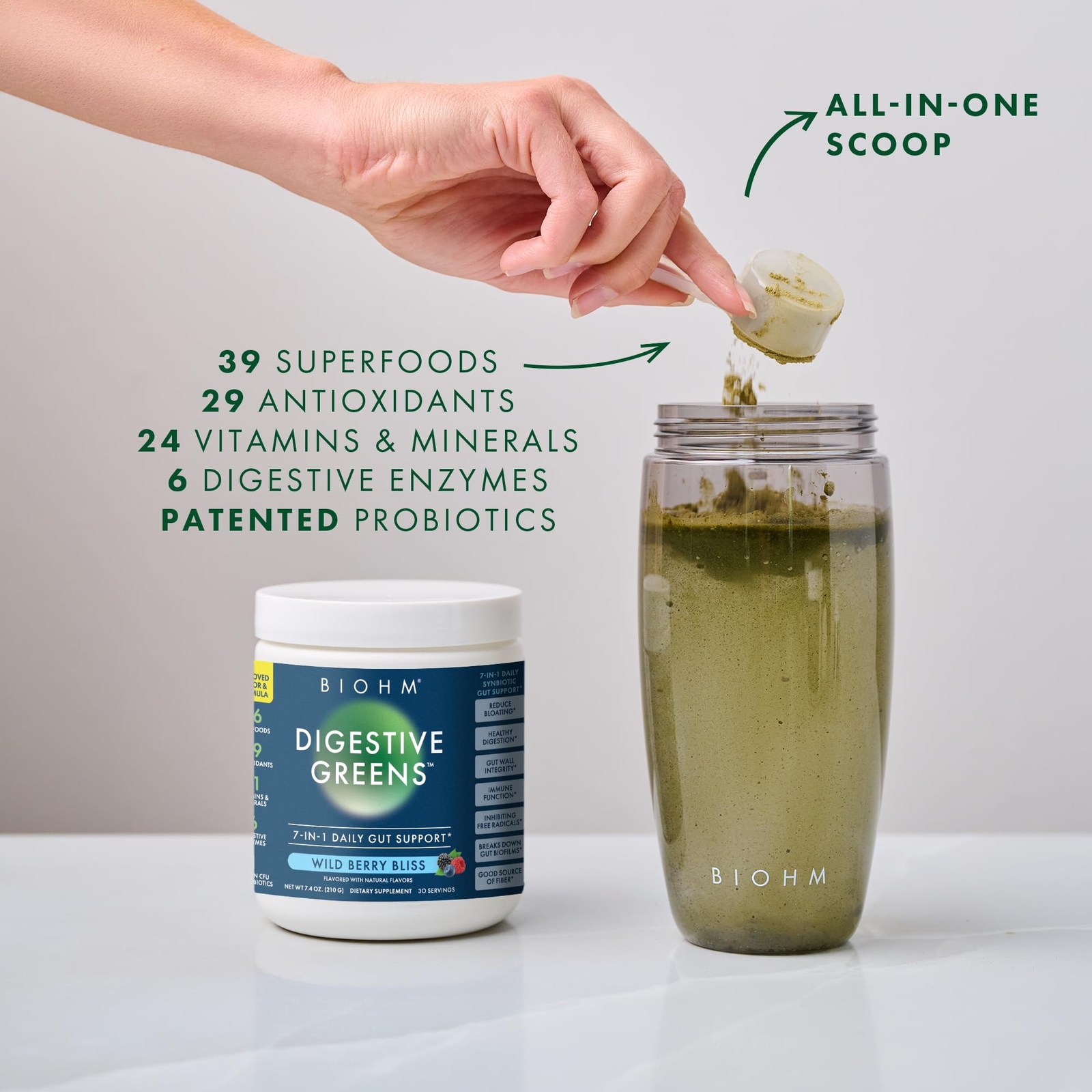 BIOHM Digestive Greens Green Superfood Powder 7.4 Oz 30 Servings Immune & Gut…