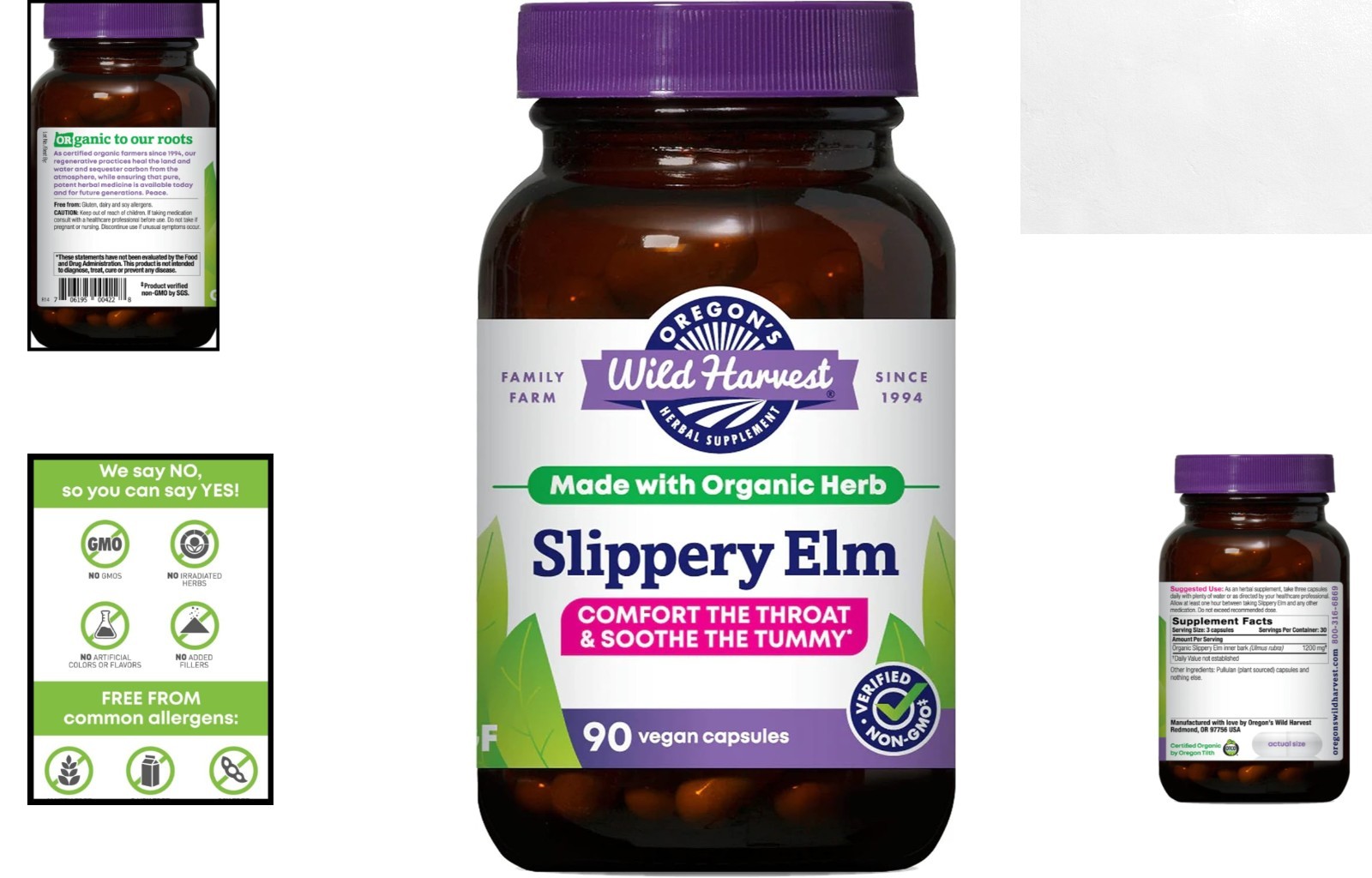90 Organic Slippery Elm Capsules – Sustainably Harvested Digestive Aid