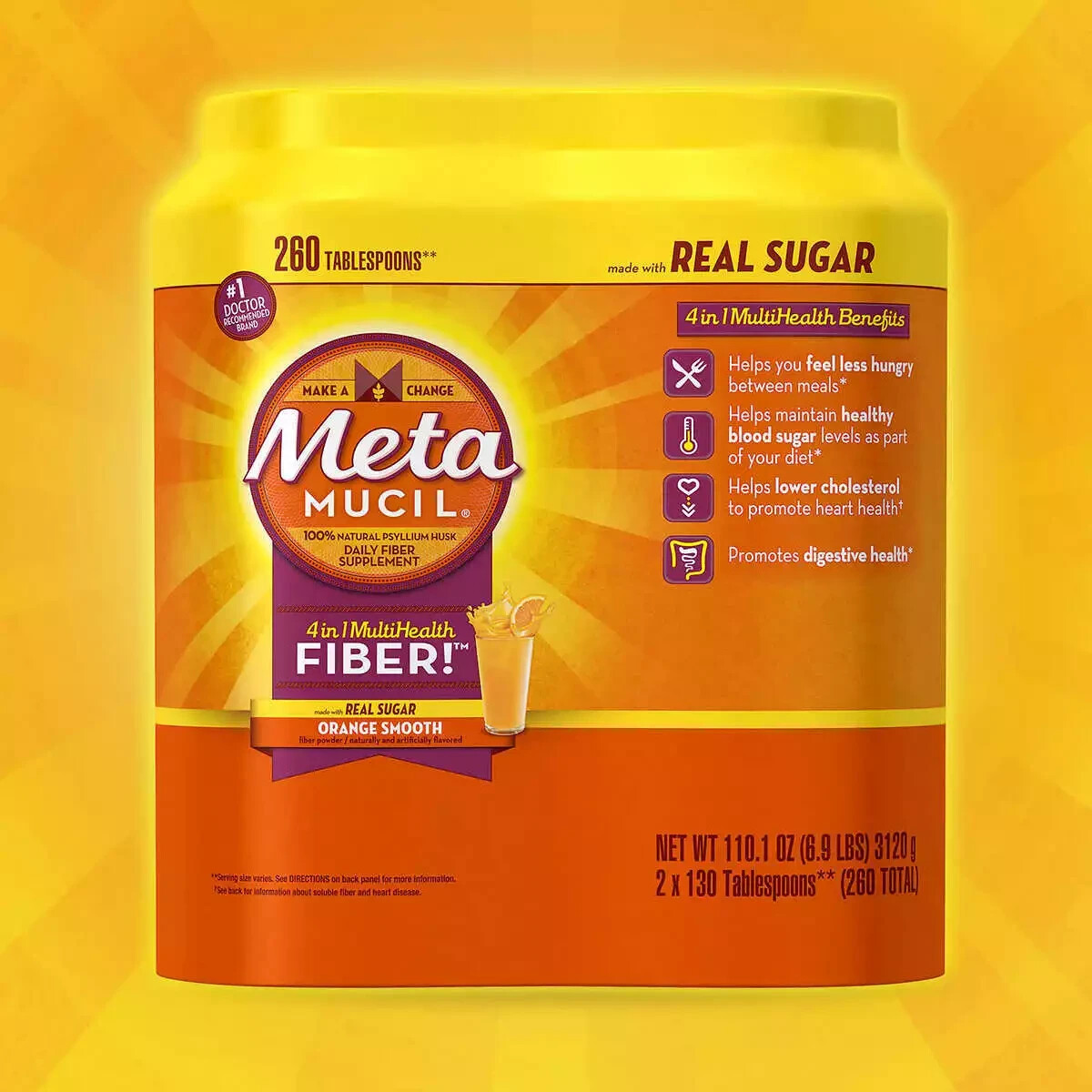 Metamucil MultiHealth Fiber 260 Doses Orange Smooth with Real Sugar Exp 9/2027