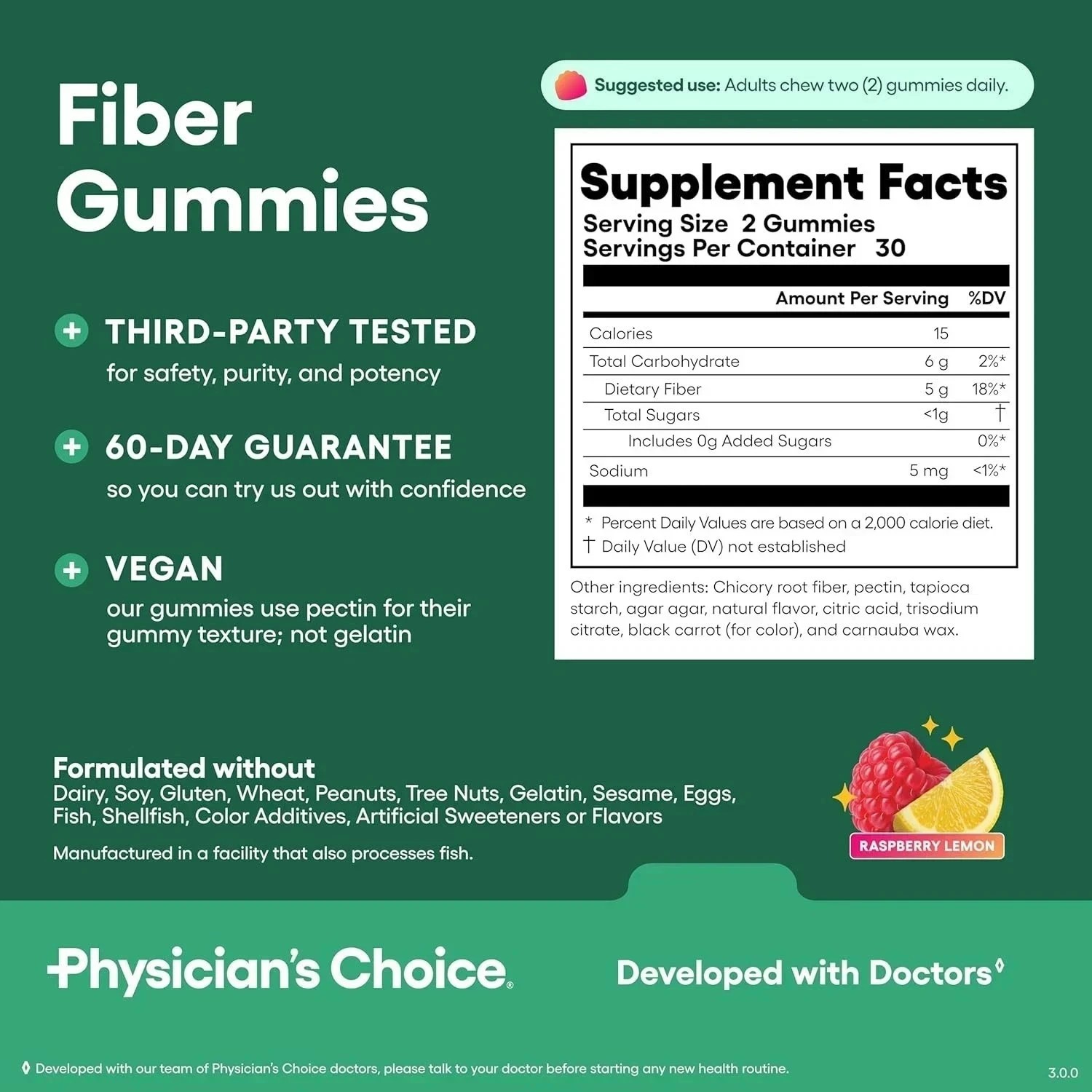 Physician’s Choice Fiber Gummies for Digestive Health & Regularity – Raspberry –