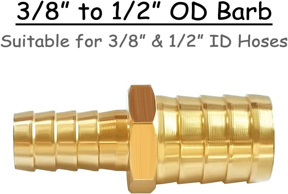 Uenede 2PCS Brass 3/8″ to 1/2″ OD Barb Reducer Barbed Hose Fittings with 4 Stain