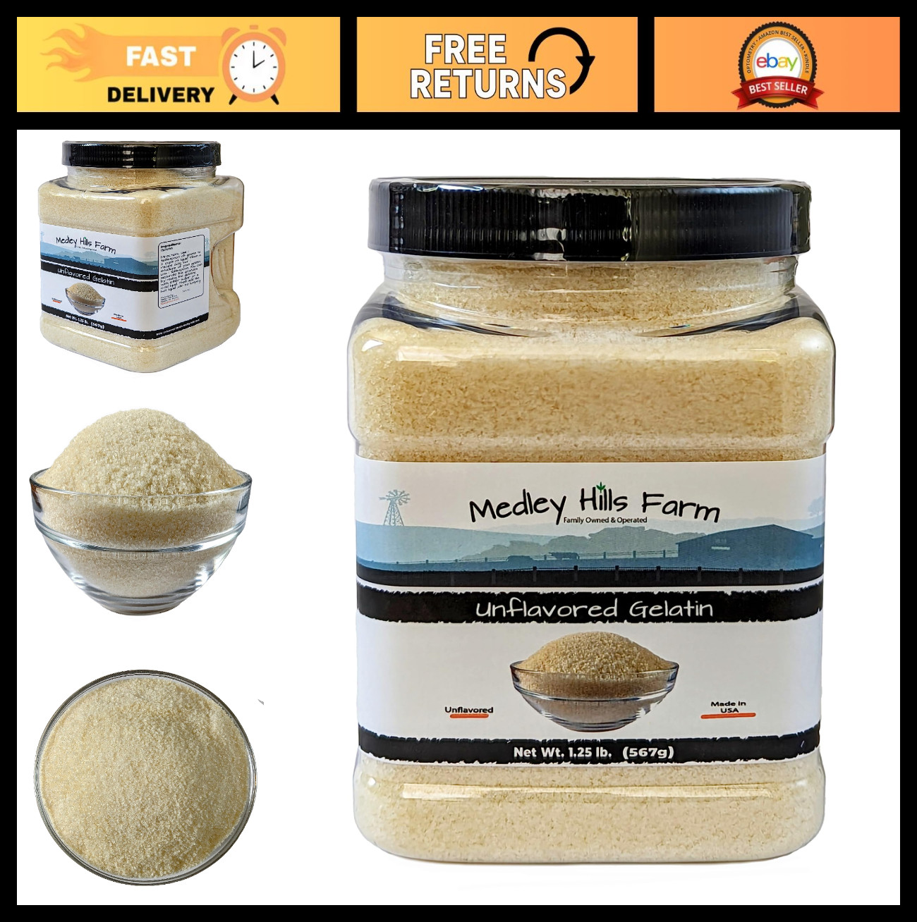 Unflavored Gelatin Powder 1.25 lbs – Thickening Agent in Reusable Container, USA