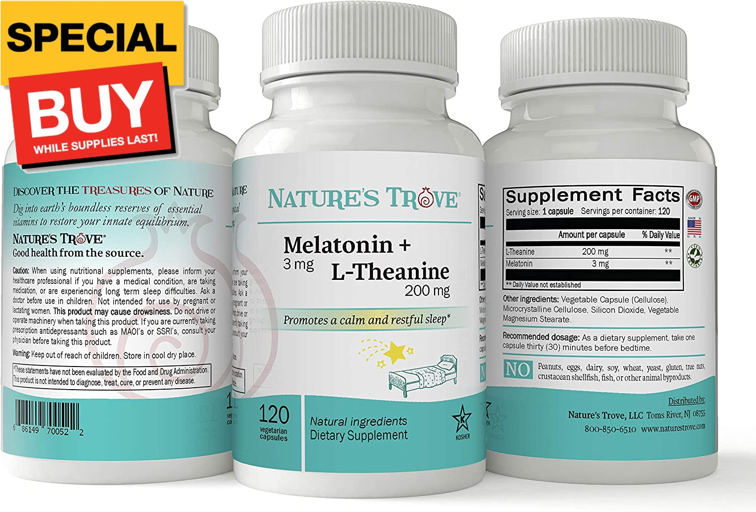 Melatonin 3Mg + L Theanine 200Mg – Calm and Relaxation – 120 Kosher Vegetarian C