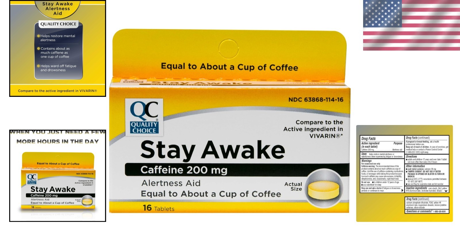 Stay Awake Caffeine Tablets – 200mg Per Tablet, 16 Count Pack of Energy Boost