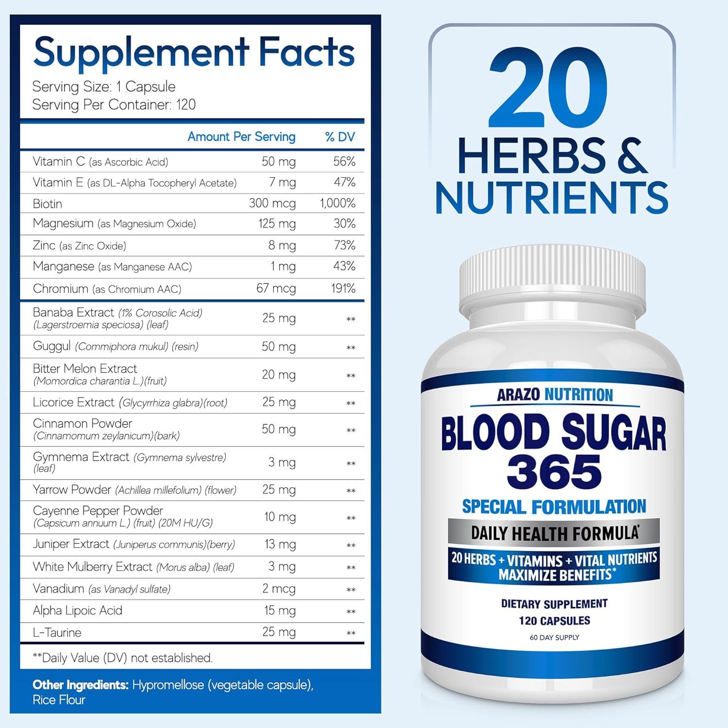 Arazo Nutrition Blood Sugar 365 Supplement Supports Healthy Energy Levels – 120