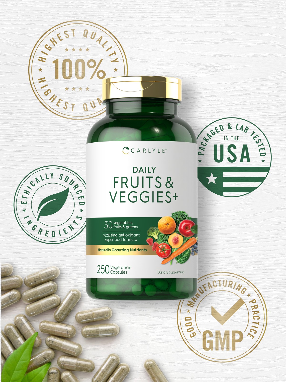 Fruits and Veggies | 250 Capsules | 32 Fruits and Vegetables | by Carlyle