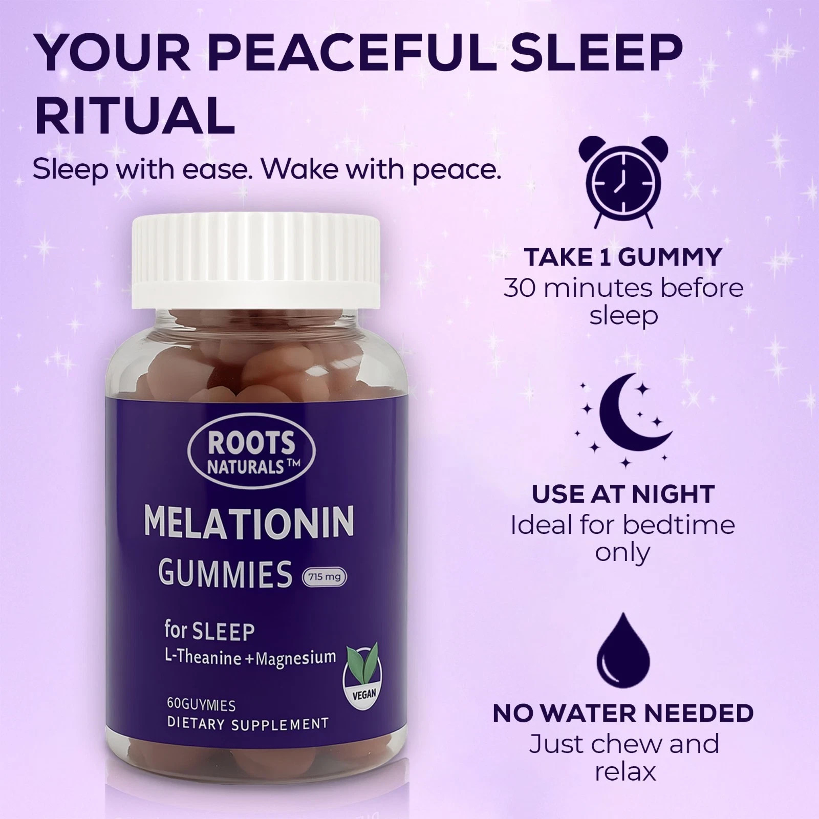 Melatonin Gummies for Sleep Roots Naturals – 60 Vegan Gummies – 715mg