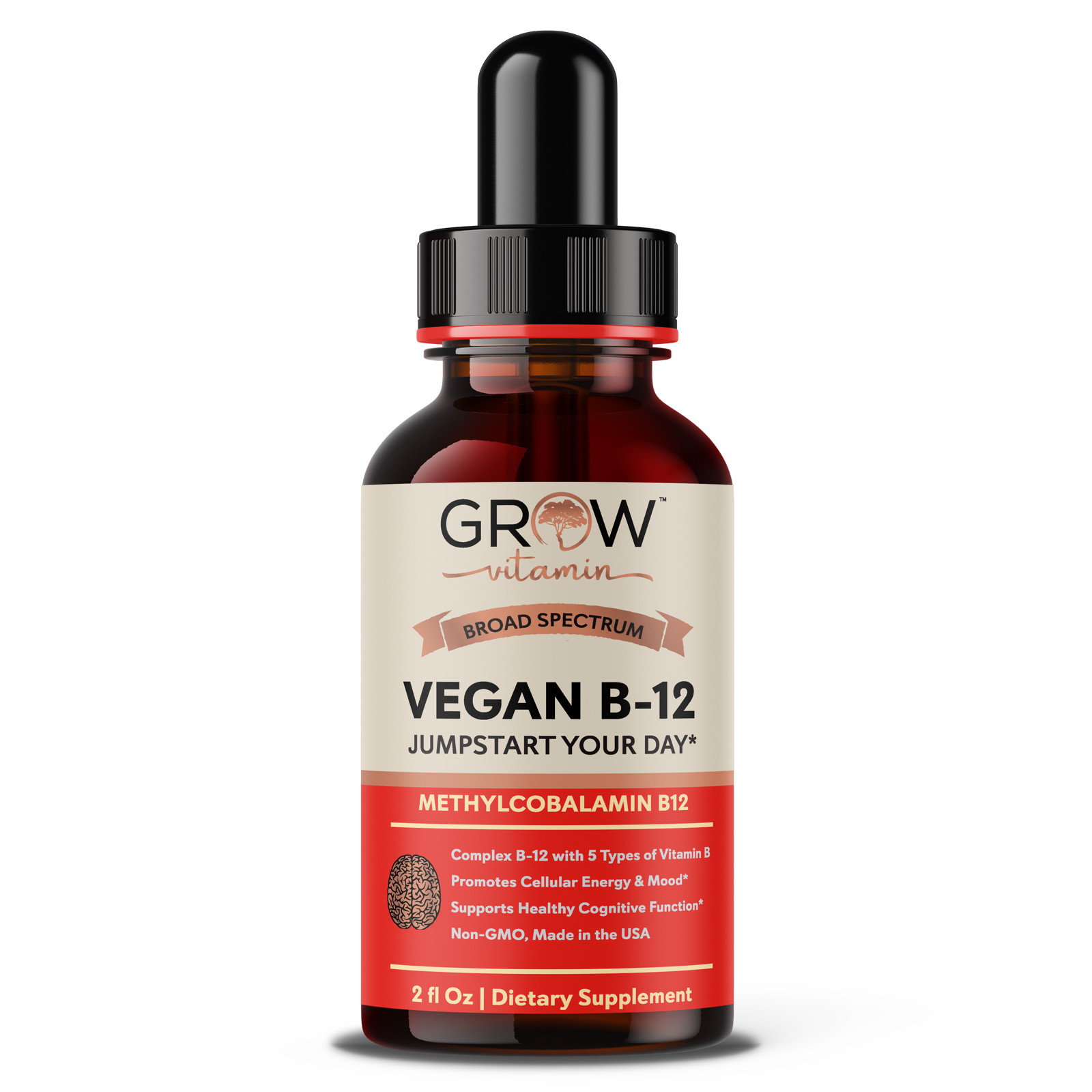 Vegan Vitamin B12 Sublingual Liquid Drops by Grow Vitamin NATURAL CHERRY FLAVOR