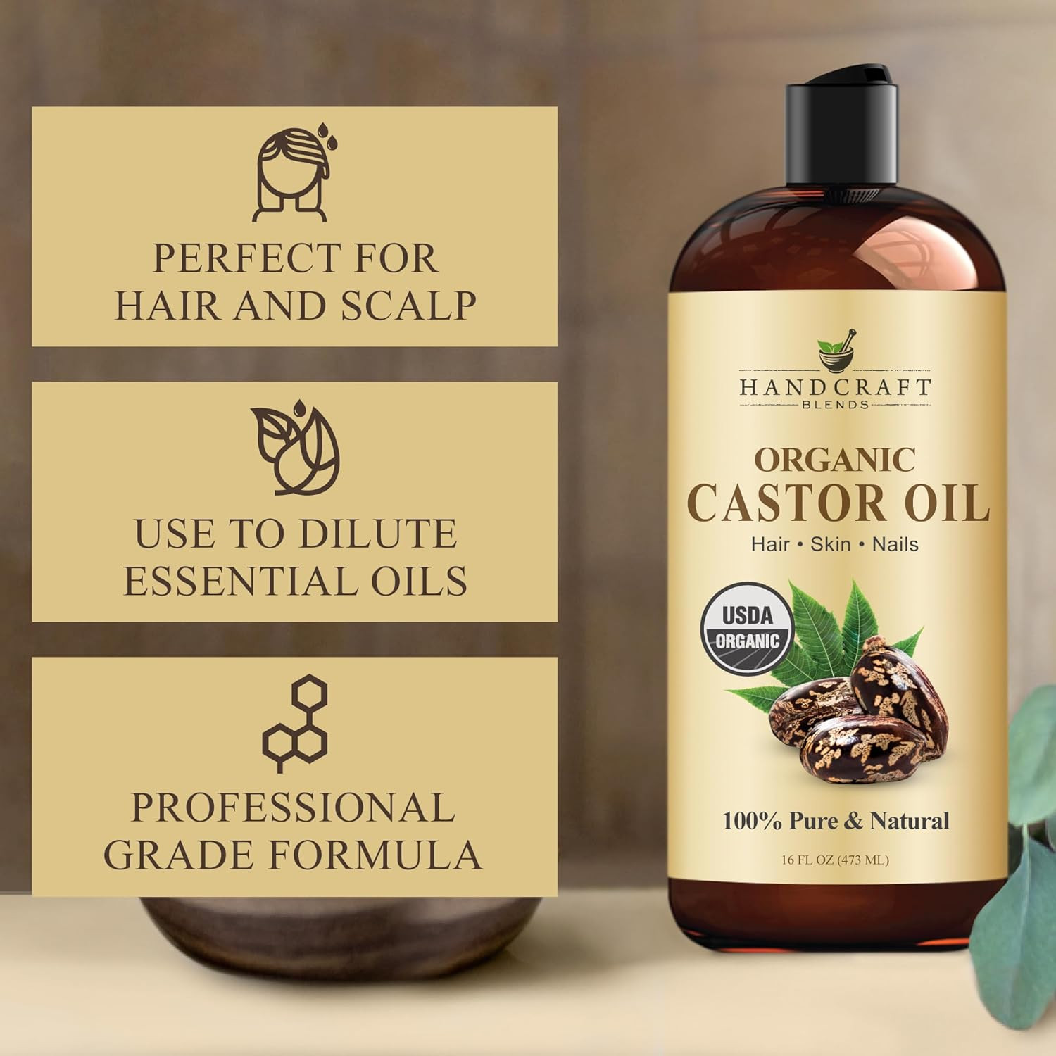 Organic Castor Oil 16 fl oz 100% Pure Natural Carrier Oil Hair Skin Body Hexane