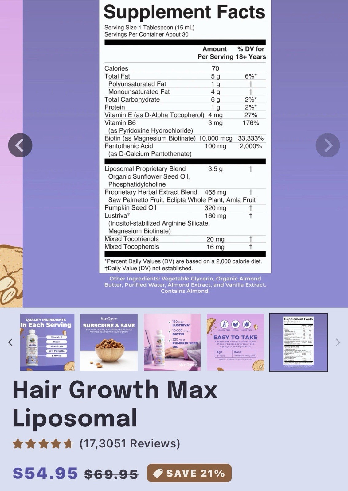 MaryRuth’s Hair Growth Max Liposomal Liquid Supplement Almond Cookie 15.22 oz