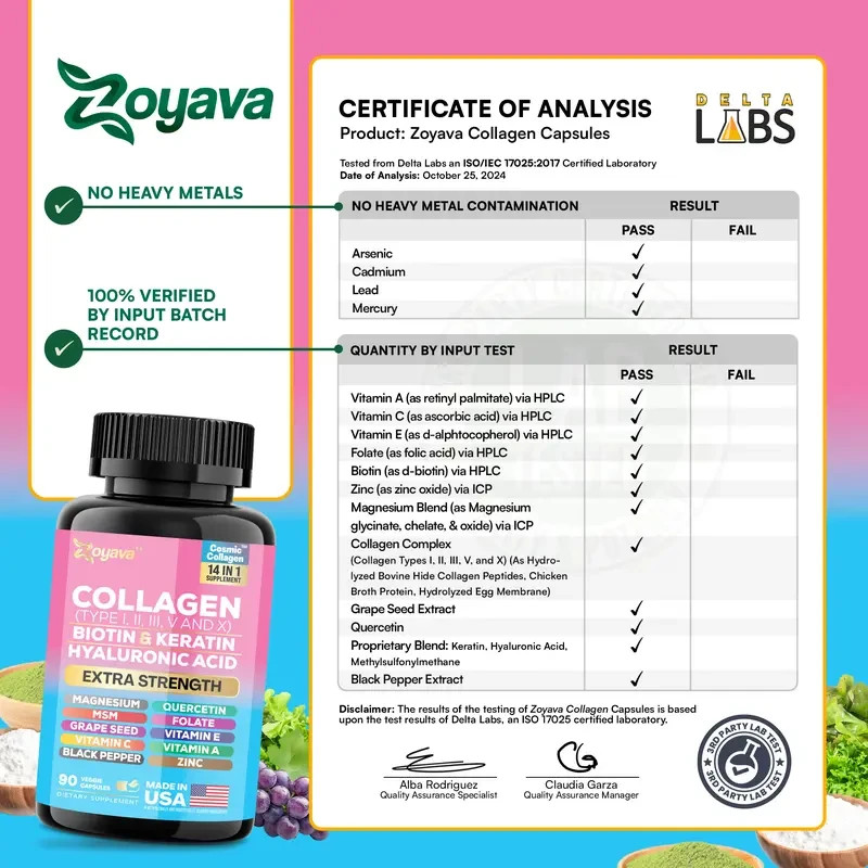 Zoyava Multi Collagen Capsules Type I II III V X Biotin Keratin Hair Skin Nail