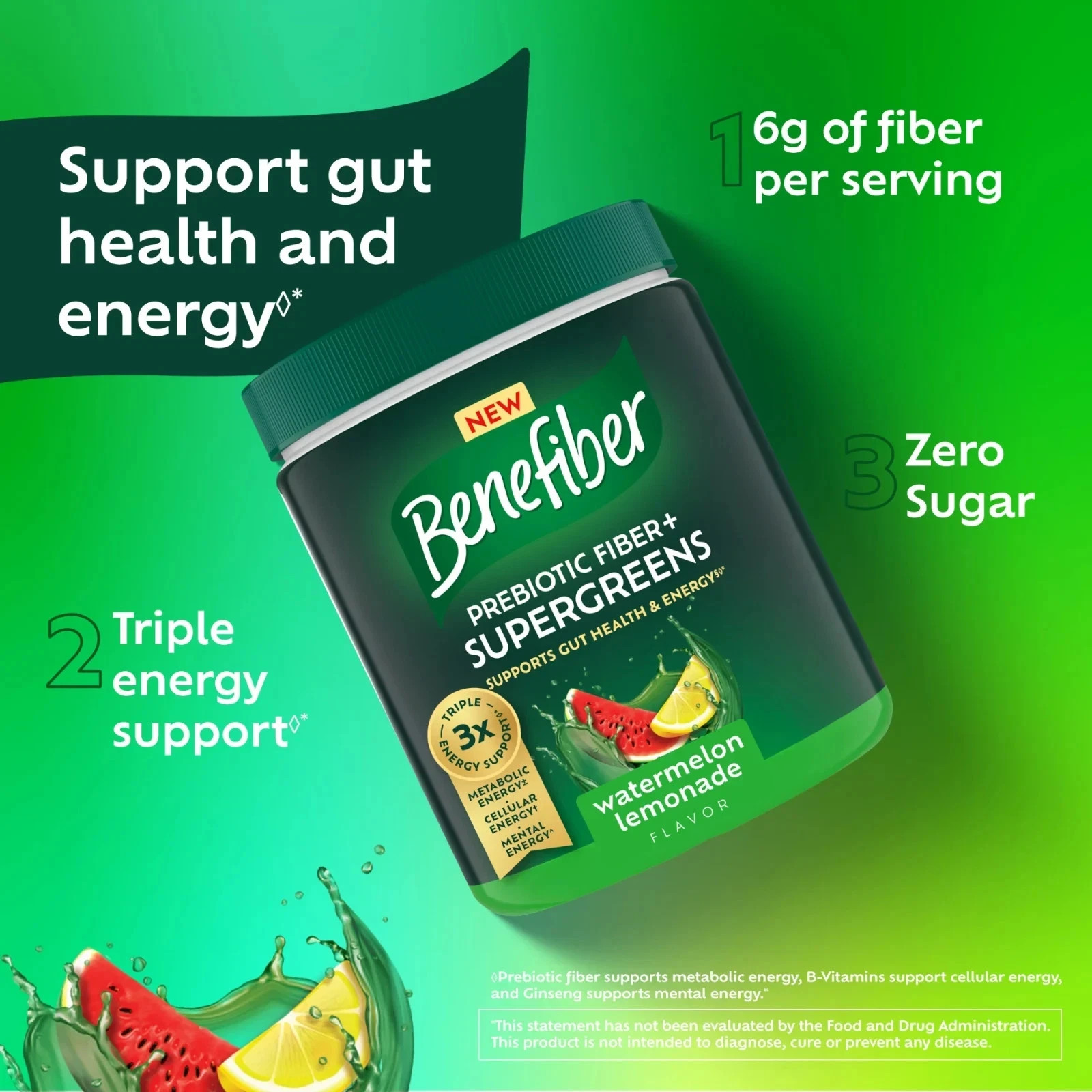 2 Benefiber Prebiotic Fiber Supergreens Watermelon Lemonade 8.8 oz Exp 01/2027