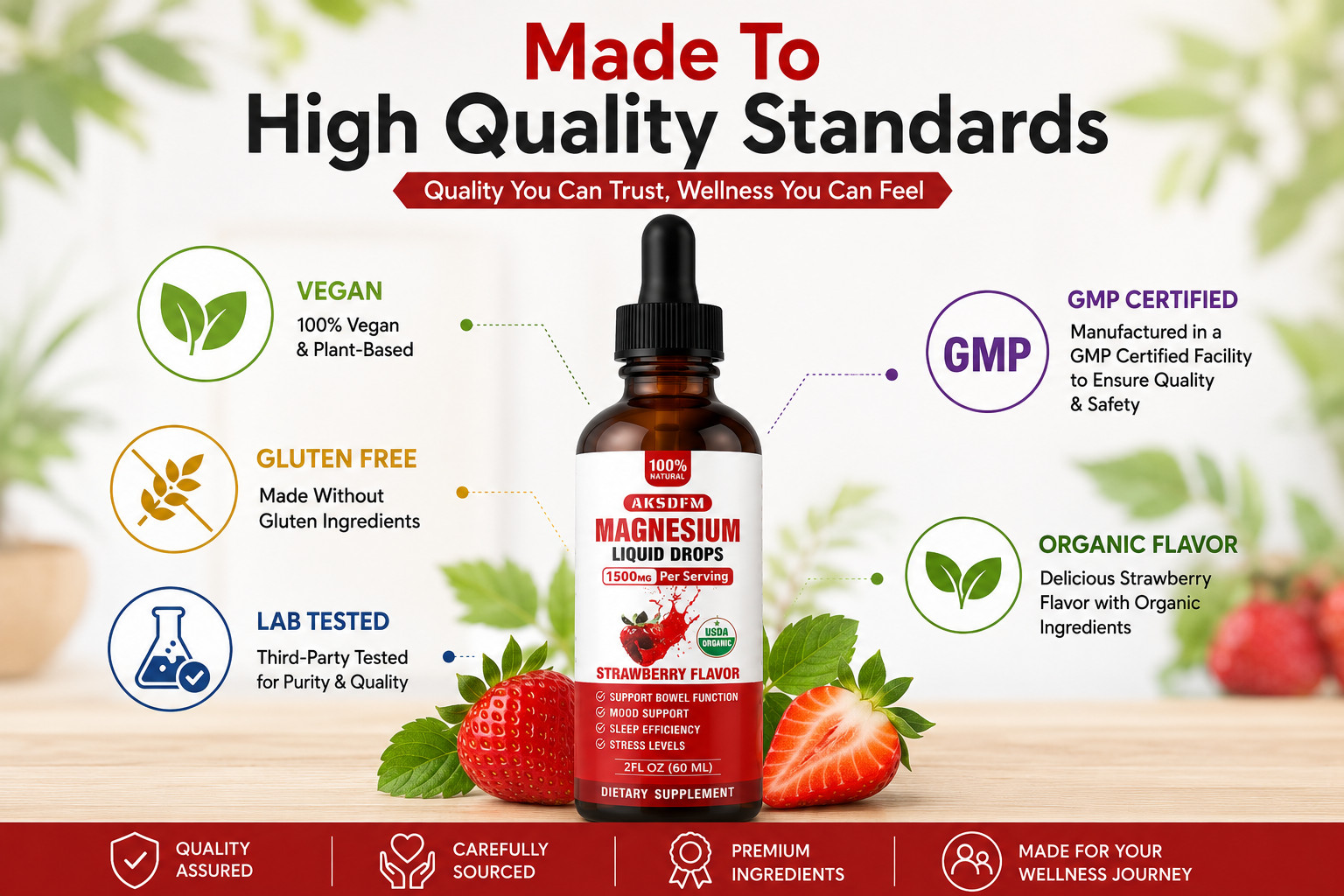 2 Pack Magnesium Liquid Drops 1500mg Strawberry Flavor 2 fl oz (60ml) Vegan Glut