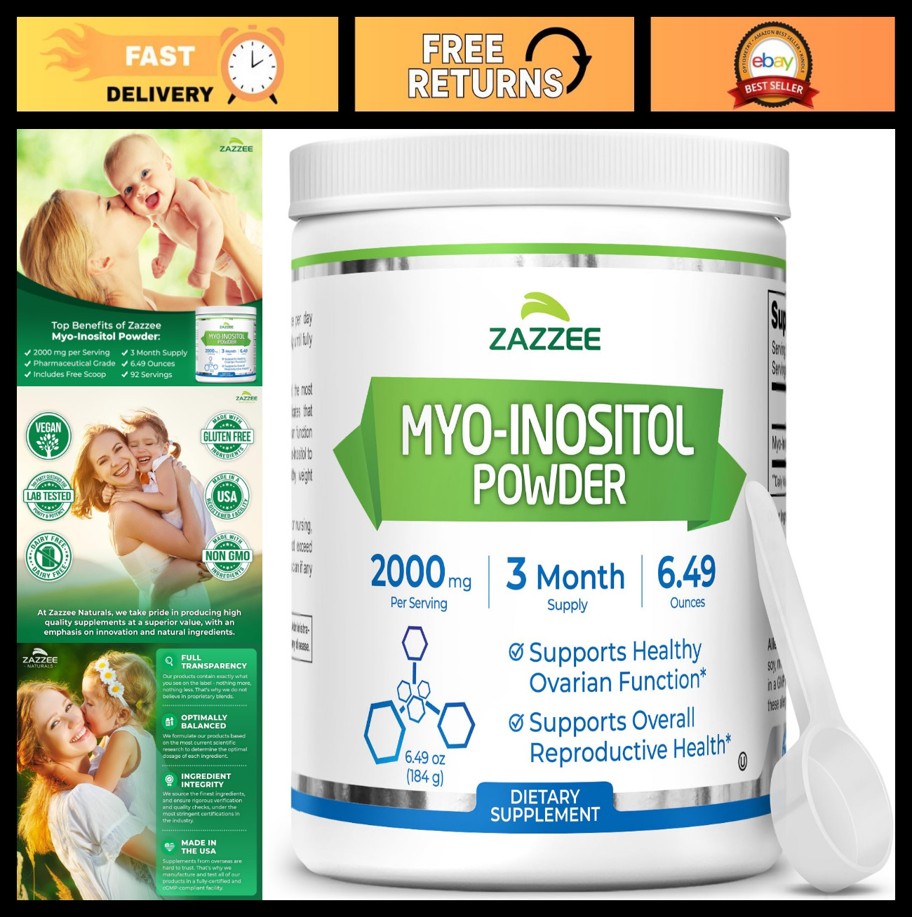 Myo-Inositol Powder 2000mg – 3 Month Supply, 92 Servings, Fertility Support, Kos