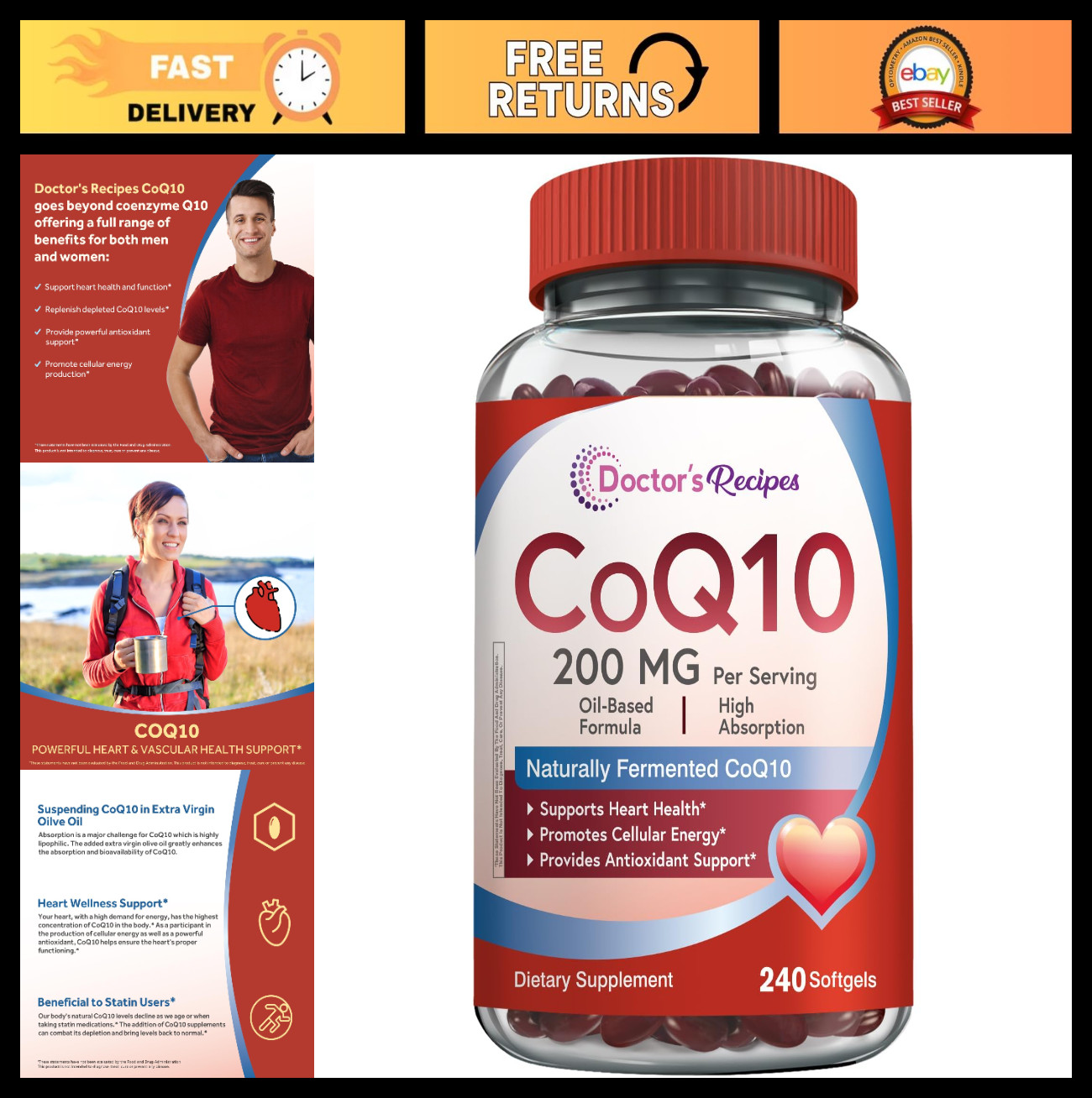 CoQ10 200mg Softgels, High Absorption with Olive Oil, Heart Health Support Suppl