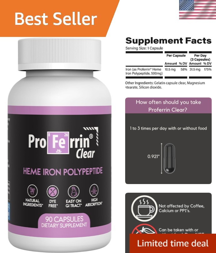 Clear Heme Iron Supplement, 90 Capsules- Superior Absorption, Easy on The Gut…