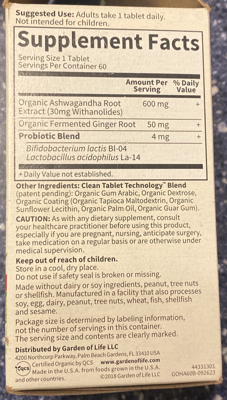 GARDEN OF LIFE Ashwagandha Organics Stress & Mood Organics 60 Tablets EXP. 03/26