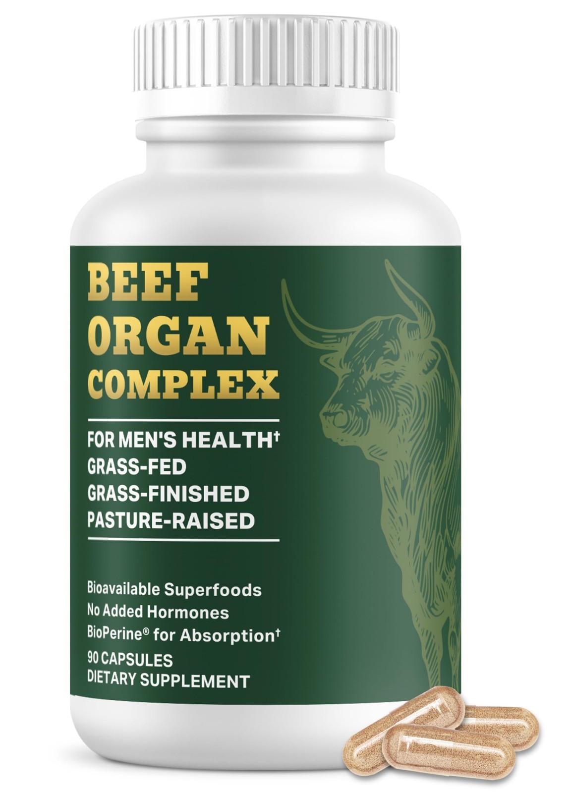 Men’s Beef Organ Complex Supplement – Bioavailable Superfoods, 90 Count | Grass-