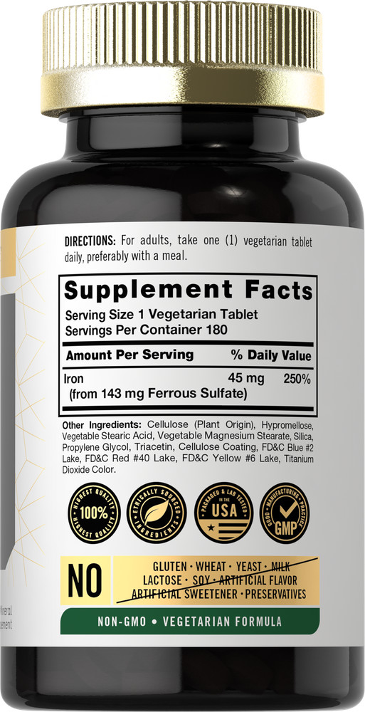 Iron 45 mg | Slow Release | 180 Tablets | Ferrous Sulfate | by Carlyle