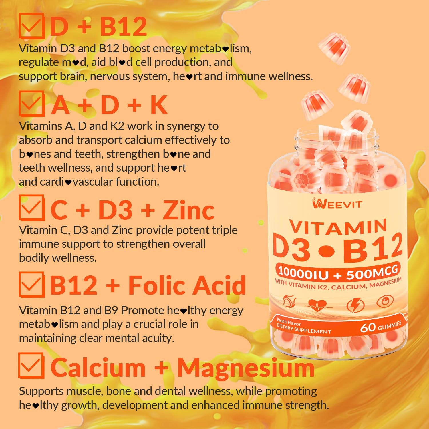 WEEVIT Vitamin D3 B12 Gummies, D 10000IU & 60 Count (Pack of 2)