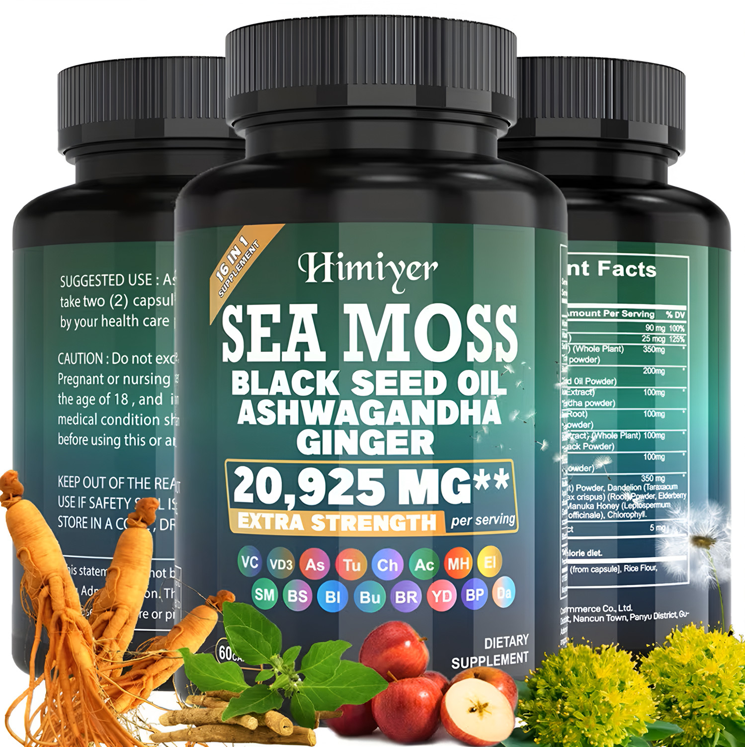16 in 1- Sea Moss, Ashwagandha, Black Seed Oil Ginger Turmeric, 3 Bottle 180pcs