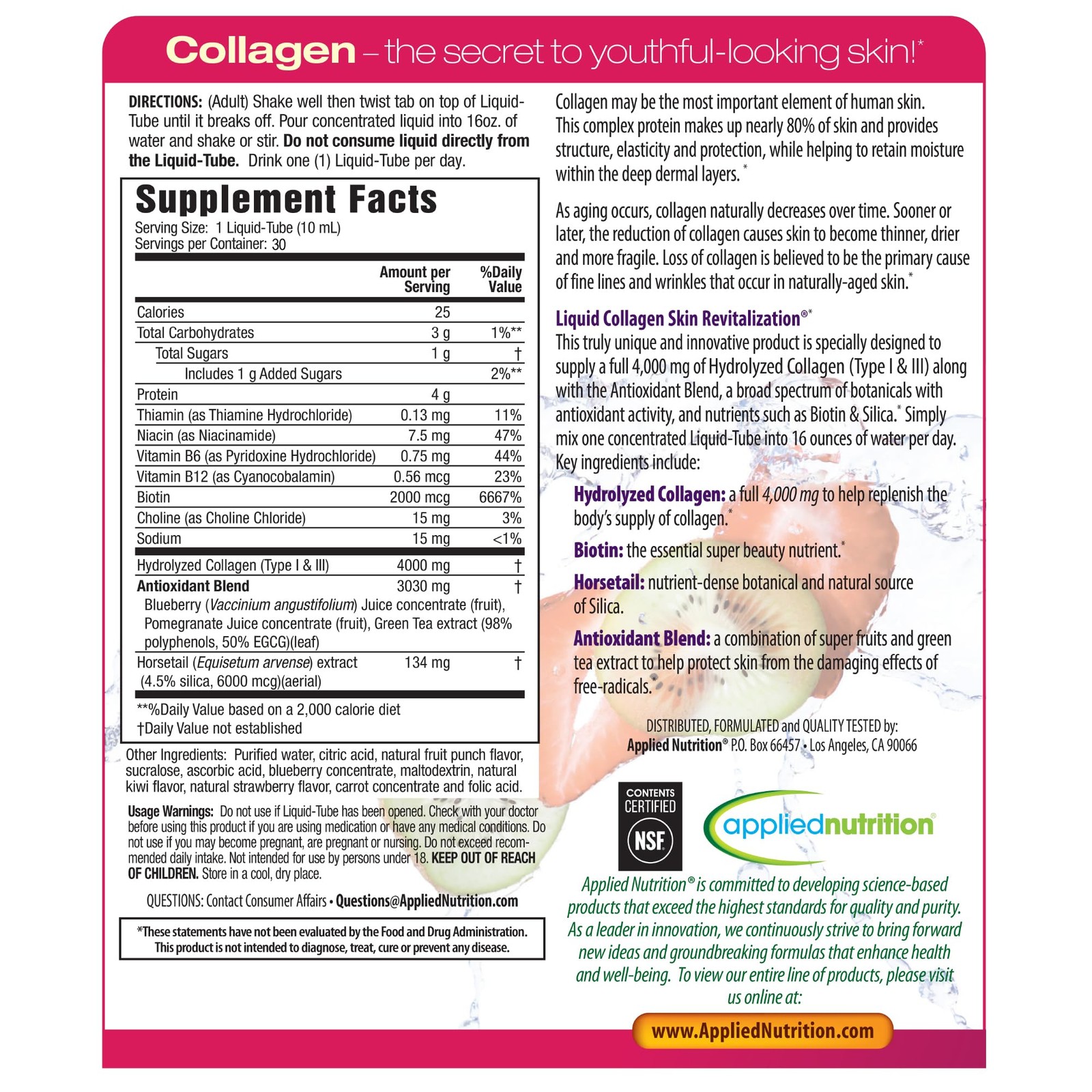 Applied Nutrition Liquid Collagen 4000mg Strawberry 30 Count (Pack of 1), Red