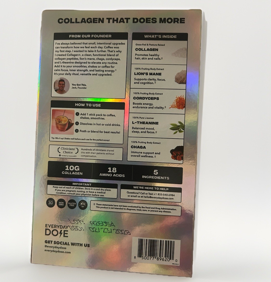 Everyday Dose Collagen Supplement Lion’s Mane Chaga Cordyceps, 7 Stick Packs
