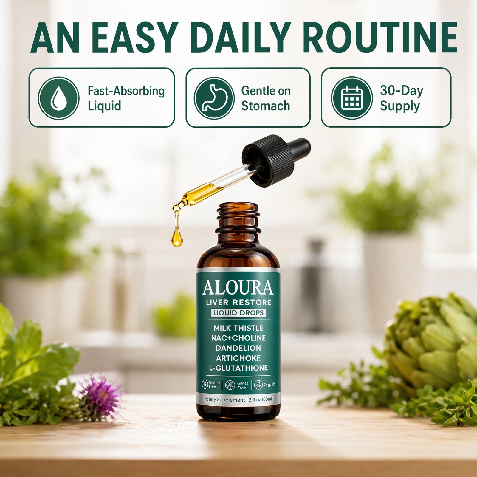 Aloura Liver Restore Liquid Drops Milk Thistle Dandelion Detox Support 60ml