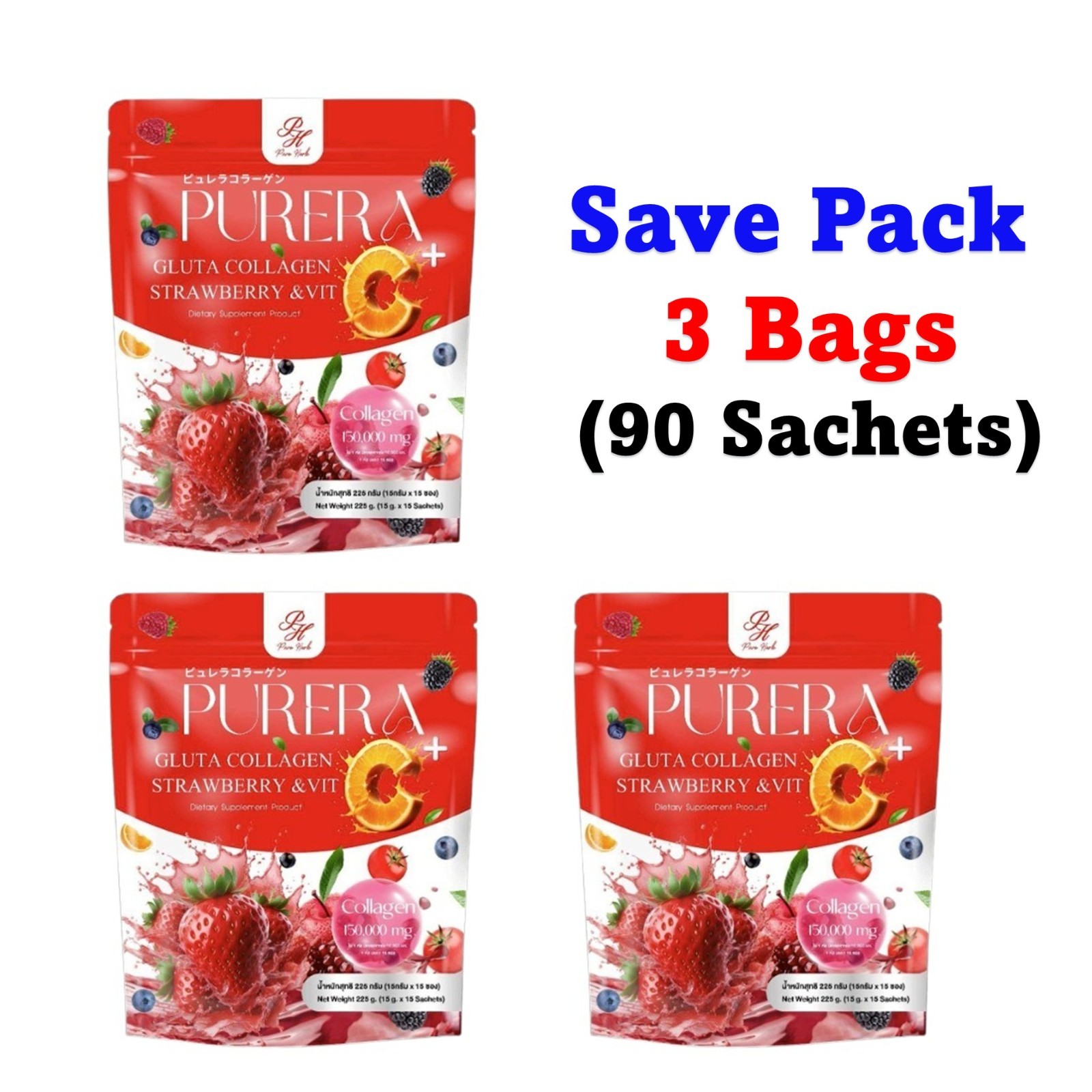 3x Purera Collagen Strawberry Vit C Dietary Powder Drink Nourish Skin 90 Sachets