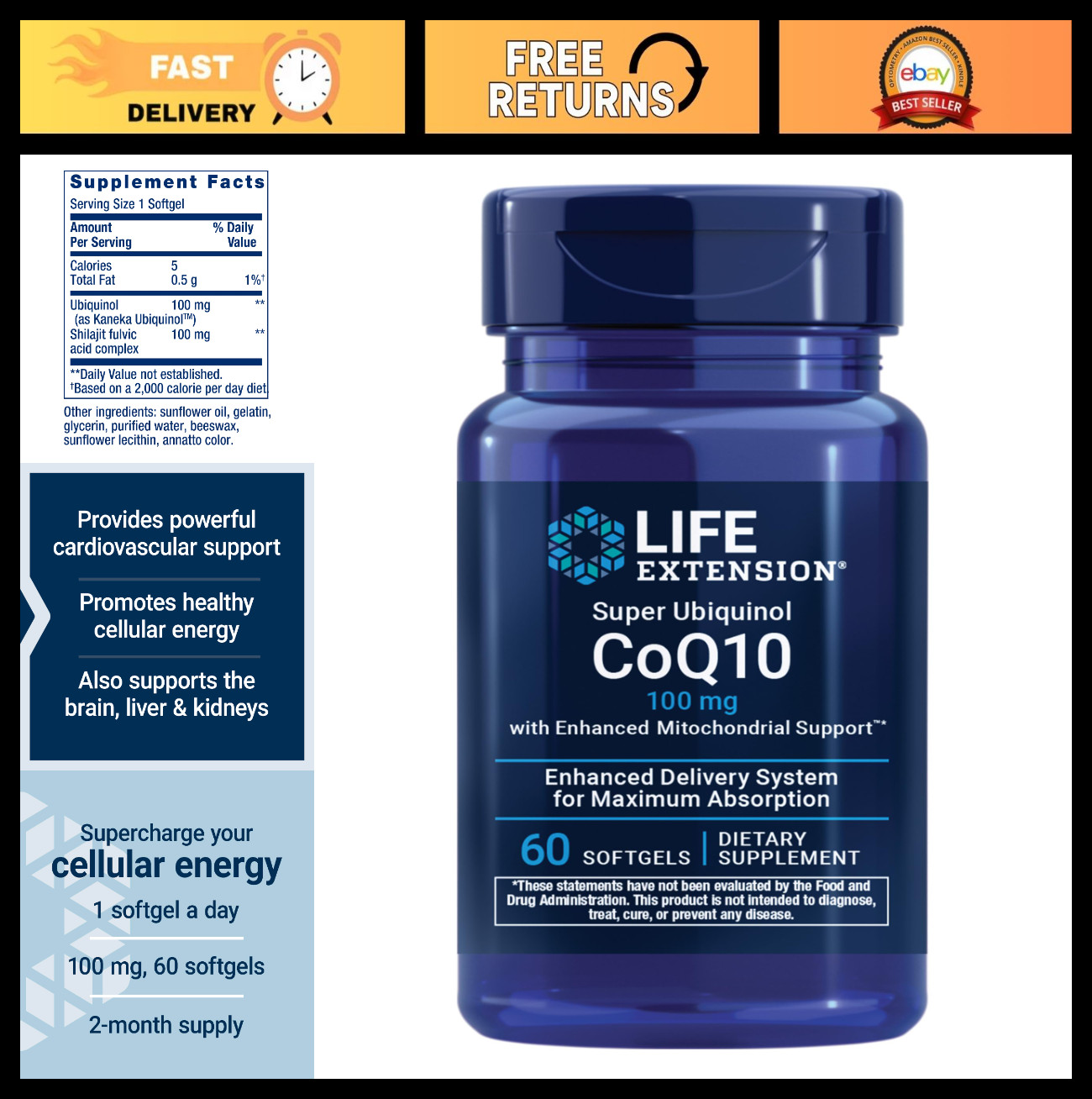 Ubiquinol CoQ10 100mg Softgels – Enhanced Heart Health & Energy Support, Non-GMO