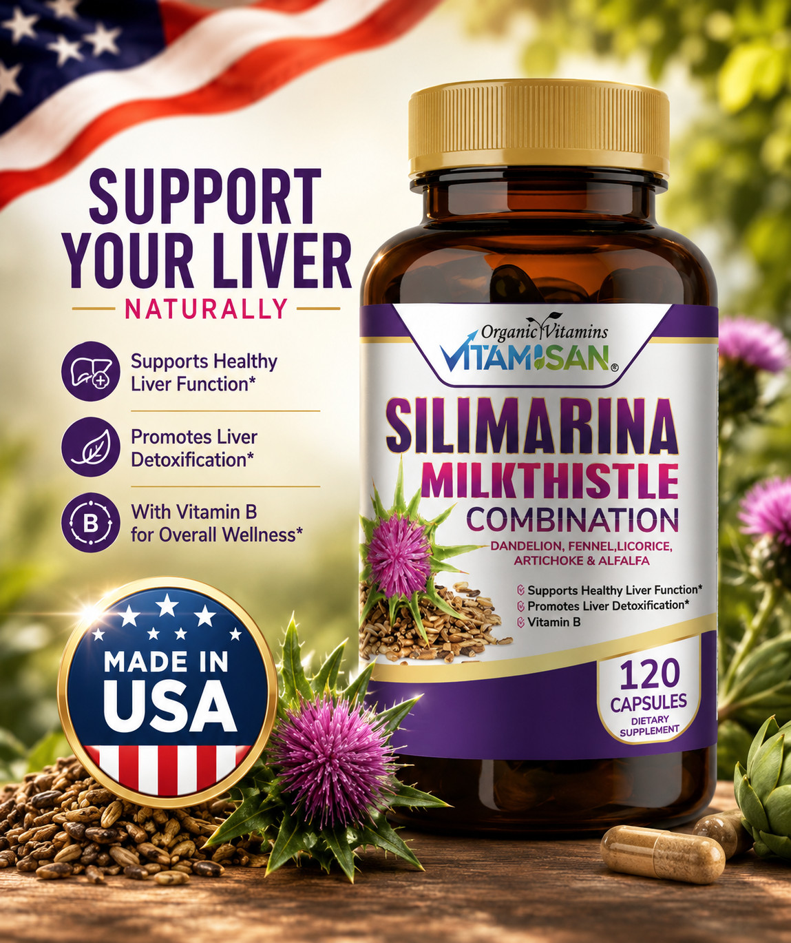 Milk Thistle (Silymarin) Extract 1200 mg liver cleanser liver detox cardio 120 c