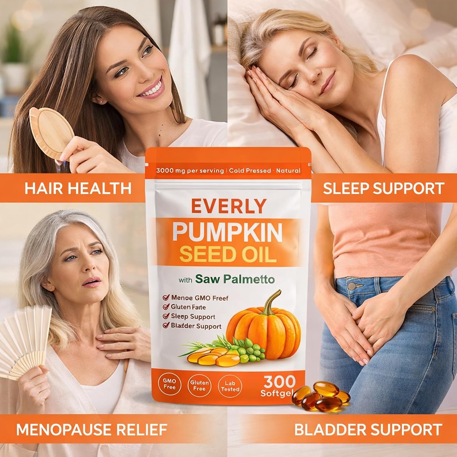 Everly Pumpkin Seed Oil with Saw Palmetto, 300 Softgels, Cold Pressed Pumpkin Se