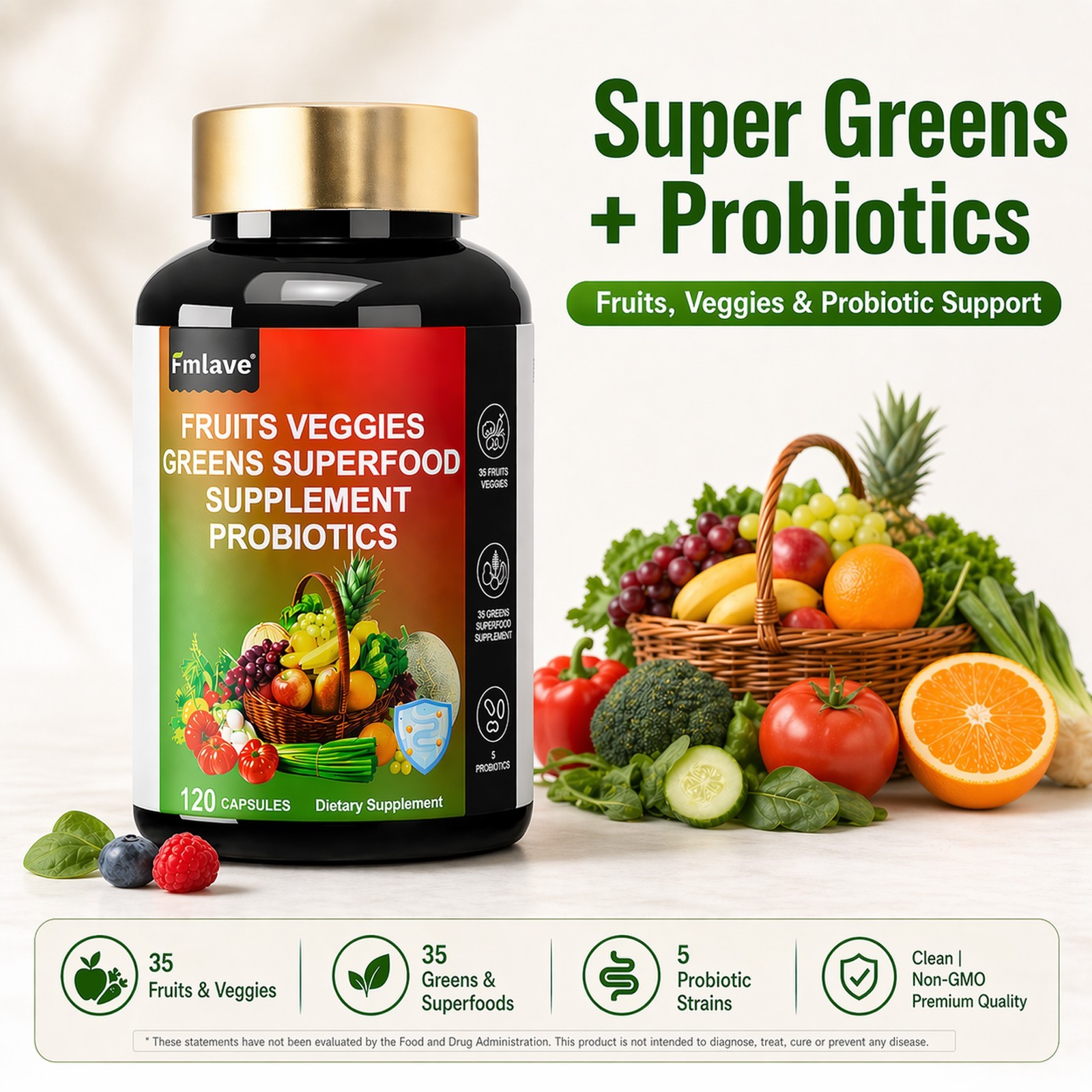 70 Fruits and Veggies Whole Food Supplement with Superfood & 5 Probiotic Strains