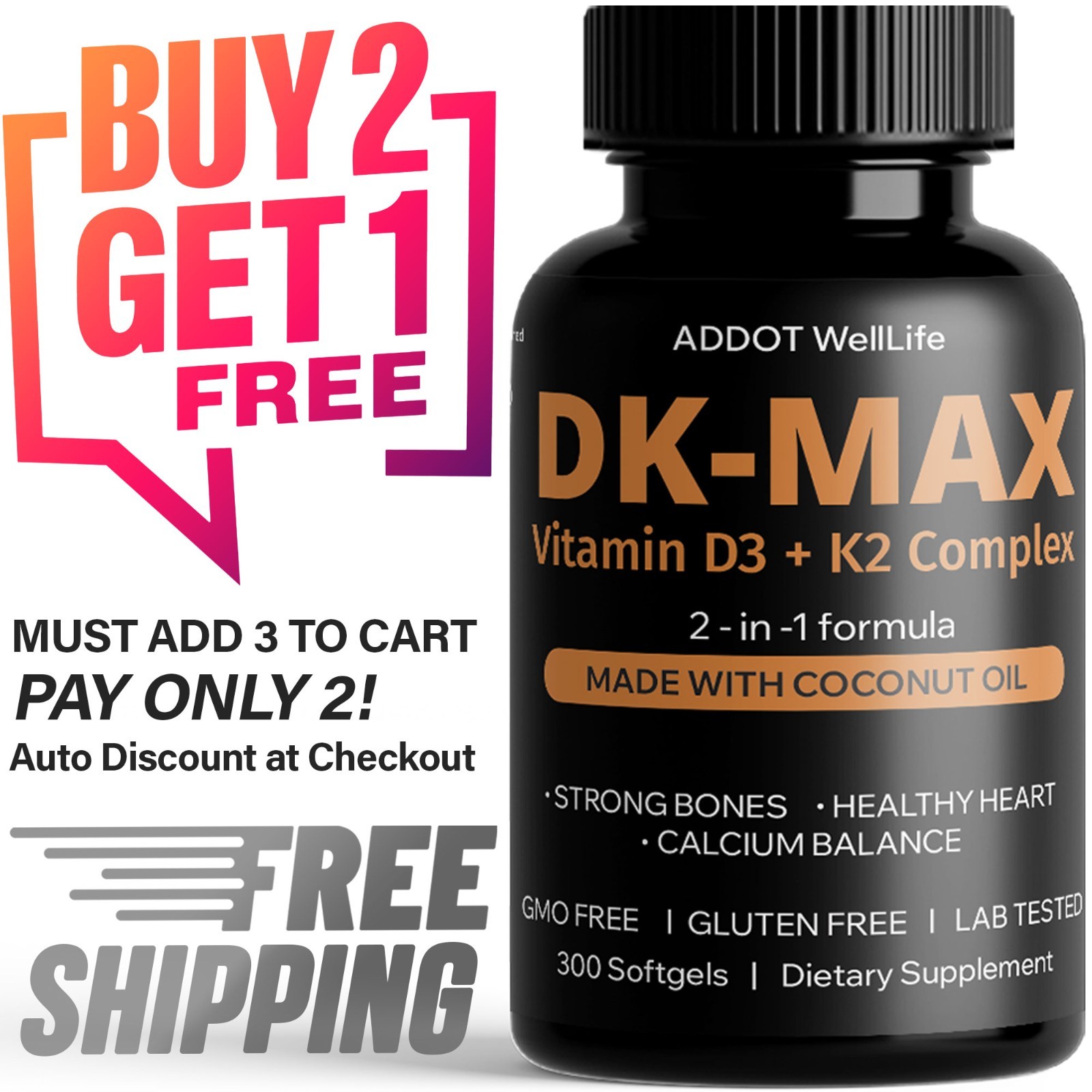 ADDOT DK-MAX Vitamin D3 5000 IU K2 MK-7 100mcg Bone & Immune Support Softgels