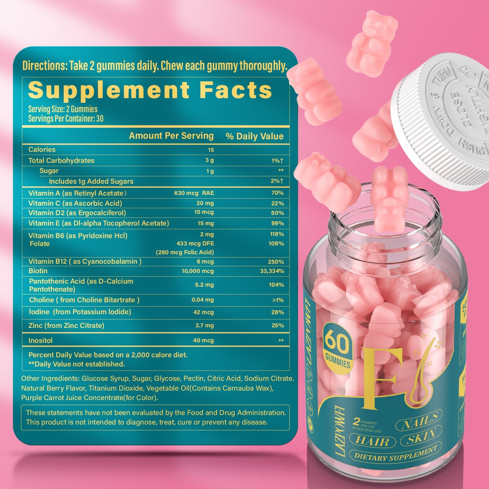 Lazpowfi Biotin Gummies -Hair Skin and Nails 1 Count (Pack of 60), Pink